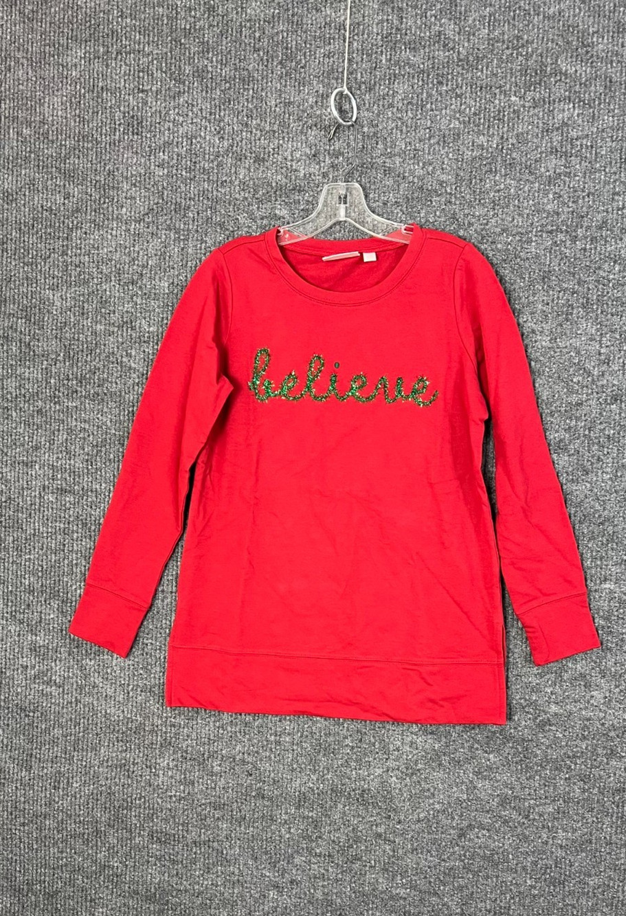Belle Kim Gravel Shirt Womens XXS Red Tinsel Embellished Believe Crew Neck Top